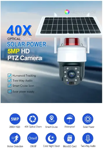 Caméra Surveillance WiFi Extérieure sans Fil Solaire, 4K 5MP, Suivi Intelligent, Détection Humaine, Vision Nocturne Couleur, Audio Bidirectionnel, Sirène